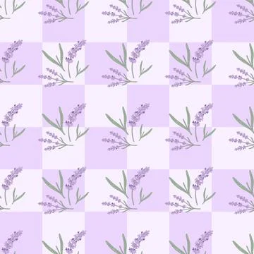 Lavender Floral Seamless Pattern with Soft Checkerboard Background Design Illustrazione stock