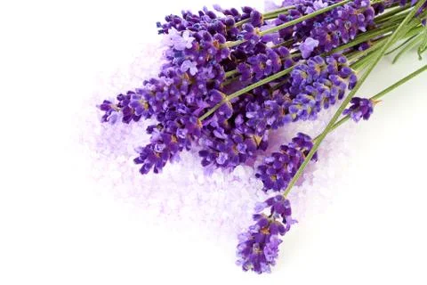 Lavender flowers and pink bath salts Stock Photos