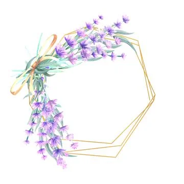 Lavender flowers in a polygonal gold frame. Hand-drawn watercolor illustration Illustrazione stock