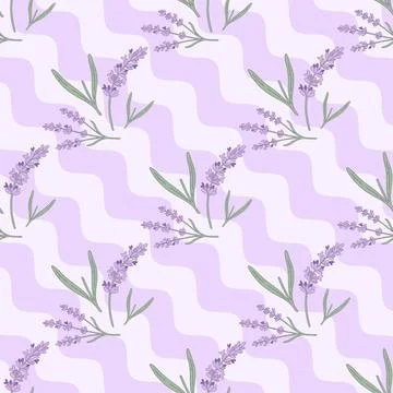 Lavender Flowers Seamless Pattern with Wavy Stripes for Decorative Surface .. Ilustração Stock