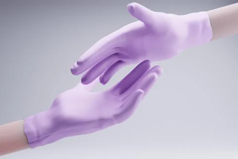 Lavender gloved hands reaching, studio backdrop, connection Stock Illustration