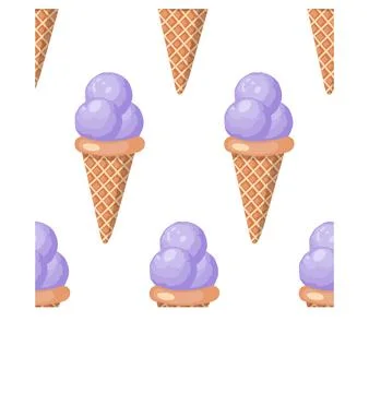 Lavender ice cream. Three scoops of creamy sweet dessert in a waffle cone Stock Illustration