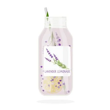 Lavender Lemonade bottle with drinking straw and label. Summer drinks for Stock Illustration