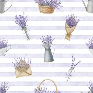 Lavender seamless Pattern with floral Provence bouquets. Hand drawn watercolor Stock Illustration