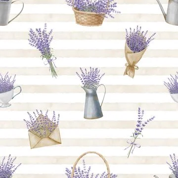Lavender seamless Pattern with floral Provence bouquets. Hand drawn watercolor Stock Illustration