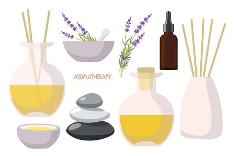 Lavender set. Aroma diffusers, yellow essential oil in bottle, lavender plant Illustration