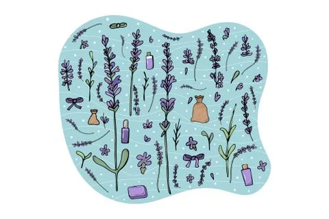 Lavender set composition in doodle style. Flowers elements isolated on white  イラスト素材