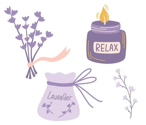 Lavender set of different elements. Sachet with lavender and aroma candle.  M Stock Illustration