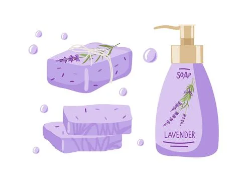Lavender soap variants. Liquid soap bottle and bars of soap. Handmade natural Stock Illustration