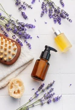Lavender spa. Lavender salt, natural essential oil, massage brushes and fre.. Stock Photos