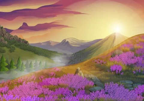 Lavender, summer evening landscape, vector background Stock Illustration