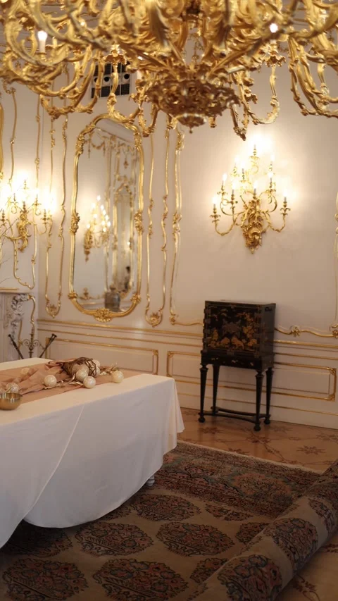 A lavishly decorated room features golden chandeliers, intricate wall mirrors, a Stock Footage 294714149