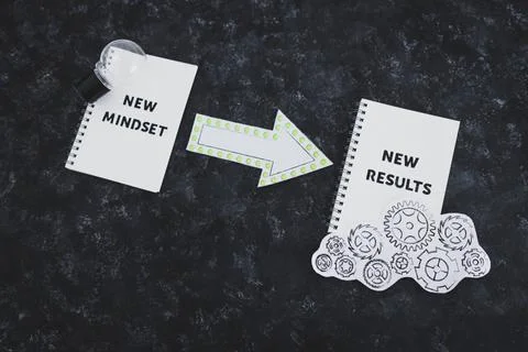 Law of attraction, notepad with New Mindset New Results text with light bulb  Stock Photos