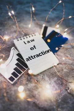 Law of attraction notepad with text next to credit cards and positive stats s Stock Photos