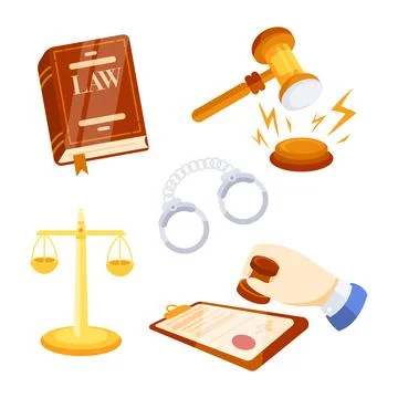 Law firm elements featuring gavel, handcuffs and book of law Illustrazione stock