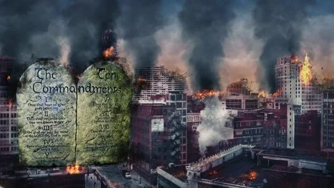 Law of God Ten Commandments standard in destruction of city Stock Footage 198373417
