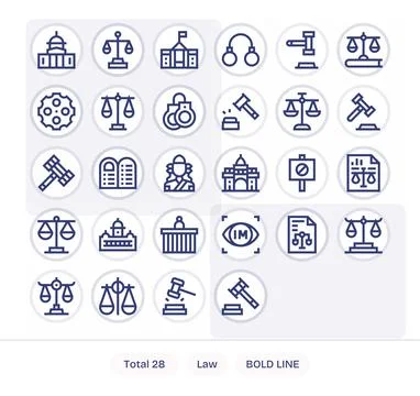 Law Vector Icon Collection with 28 256x256 Bold Line Designs Stock Illustration