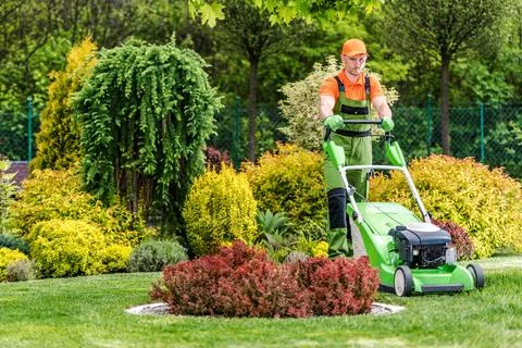Lawn Care Worker Mows Grass in Garden Area on Sunny Day Stock Photos
