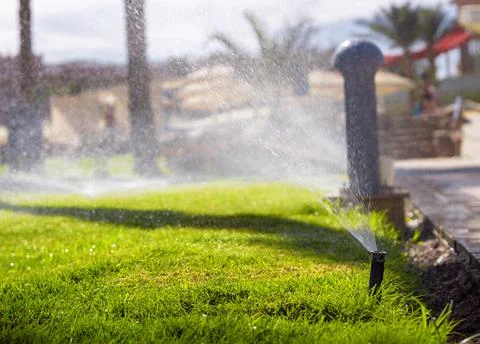 Lawn irrigation. Automatic sprinkler system watering the lawn. Stock Photos
