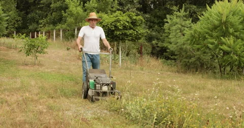 Lawn moving old man Stock Footage 155738218