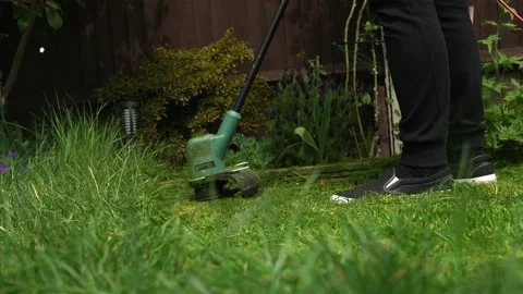 Lawn mower cutting grass. Small Green grass cuttings fly out of lawnmower pushed Stock Footage 194047566