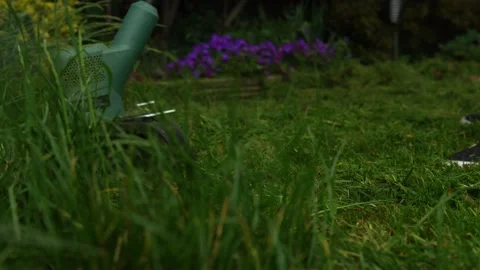 Lawn mower cutting grass. Small Green grass cuttings fly out of lawnmower pushed Stock Footage 194047930
