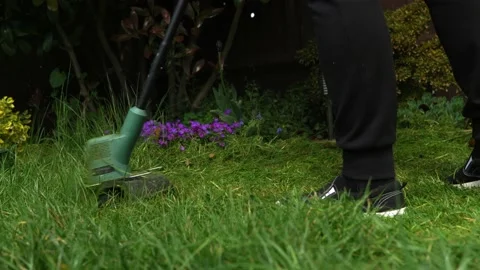 Lawn mower cutting grass. Small Green grass cuttings fly out of lawnmower pushed Stock-Footage 194193205