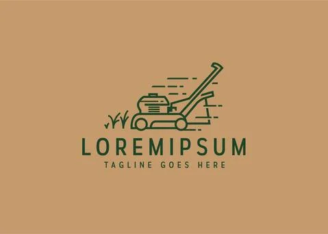 Lawn mower logo design. Vector illustration of fast lawn mower. Vintage logo  Иллюстрация