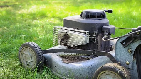 Lawn mower stands on the grass Stock Footage 79926078