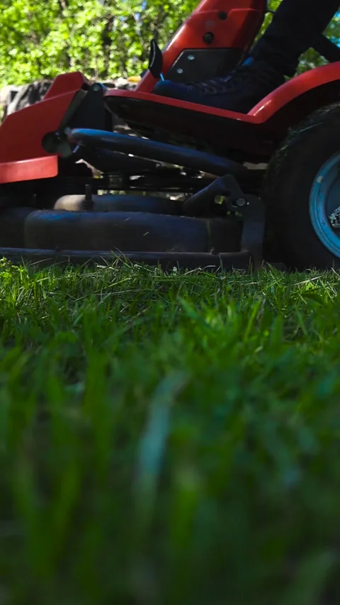 Lawn Mower Tractor Cutting Green Grass in Backyard Stockbeeldmateriaal 336767080