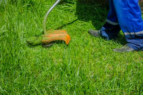 Lawn mower at work, a working man mows high grass cares for gozon. Grass-cutt Stock Photos