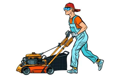Lawn mower worker. Isolate on white background Stock Illustration