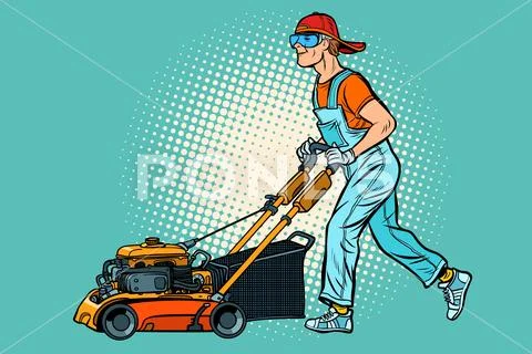 Lawn mower worker. Profession and service Stock Illustration