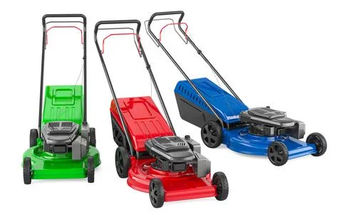 Lawn mowers, colored. 3D rendering Stock Illustration