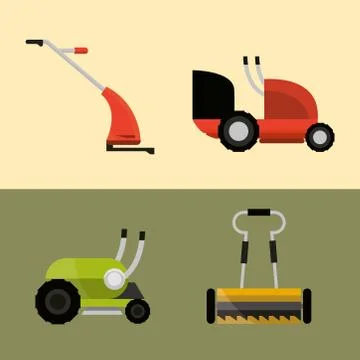 Lawn mowers machine tools different types icons Stock Illustration