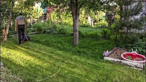 Lawn mowing in the suburban area Stock Footage 76084756