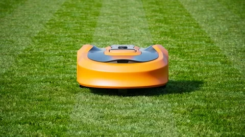 A lawn robot mows the yard. Wireless robotic lawn mower trims the grass. Vidéo 201217609
