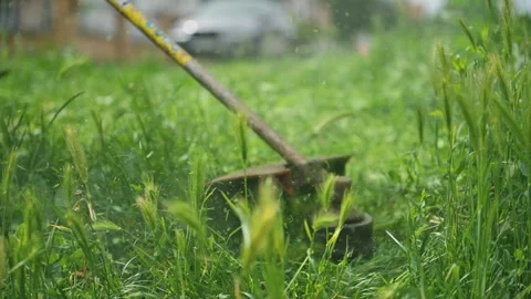 Lawn trimming with handheld string trimmer grass cutter and mower, 4K slow .. Stock Footage 305568276