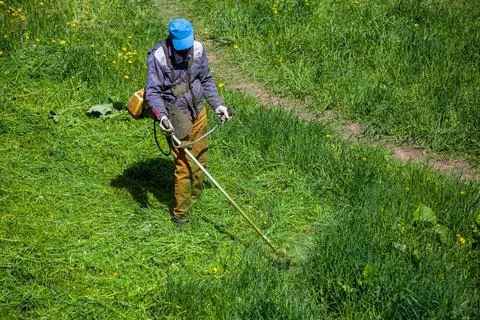 Lawnmower man with string trimmer trimming grass at sunny day Photos