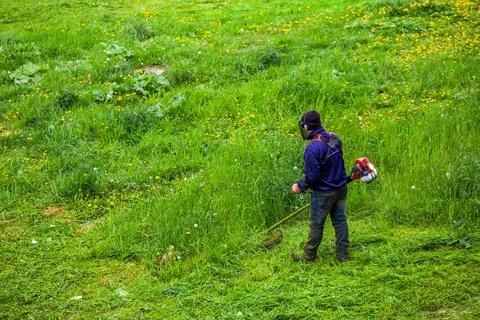 Lawnmower man with string trimmer trimming grass at sunny day Фото