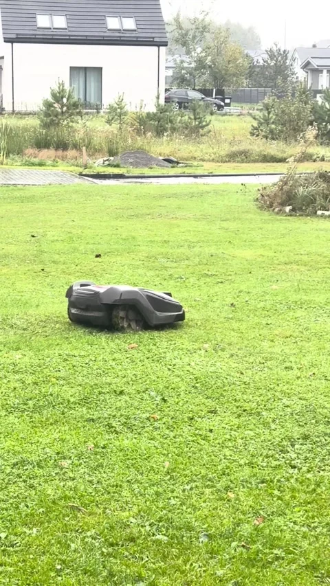 The lawnmower robot mows the grass in the garden. Stock Footage 287002951