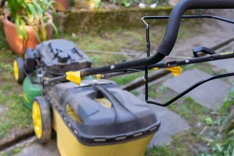 Lawnmower on stone path between spring flowers. Stock-Fotos
