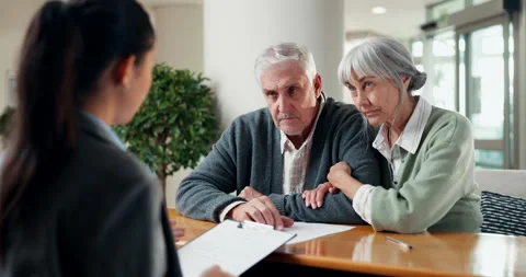 Lawyer, document and old couple in office with consultation, explain last will Stock Footage 340009905