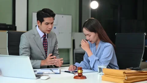 Lawyer offers support to stressed client during legal meeting. Justice, pap.. Stock Footage 312848918
