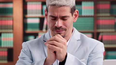 Lawyer Praying Thoughtfully At Desk Stock Footage 332904787
