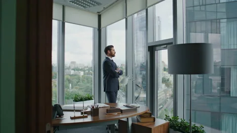 Lawyer thinking work office in elegant suit. Manager taking break looking window Stock Footage 228070794
