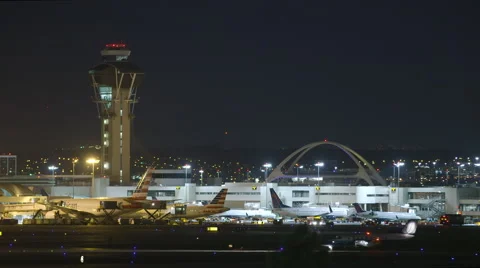 LAX Runway &amp; Control Tower at Night Stock Footage 47415382