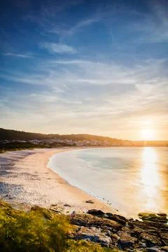 Laxe Beach summer background with copy space of Galician Landscape dusk on the Stock Photos