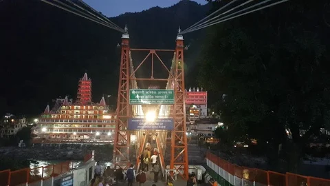 Laxman Jhula Bridge in Rishikesh India at Night Time Stock Footage 98277036