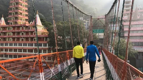 Laxman Jрula Bridge Traffic in Rishikesh Stock Footage 120214982